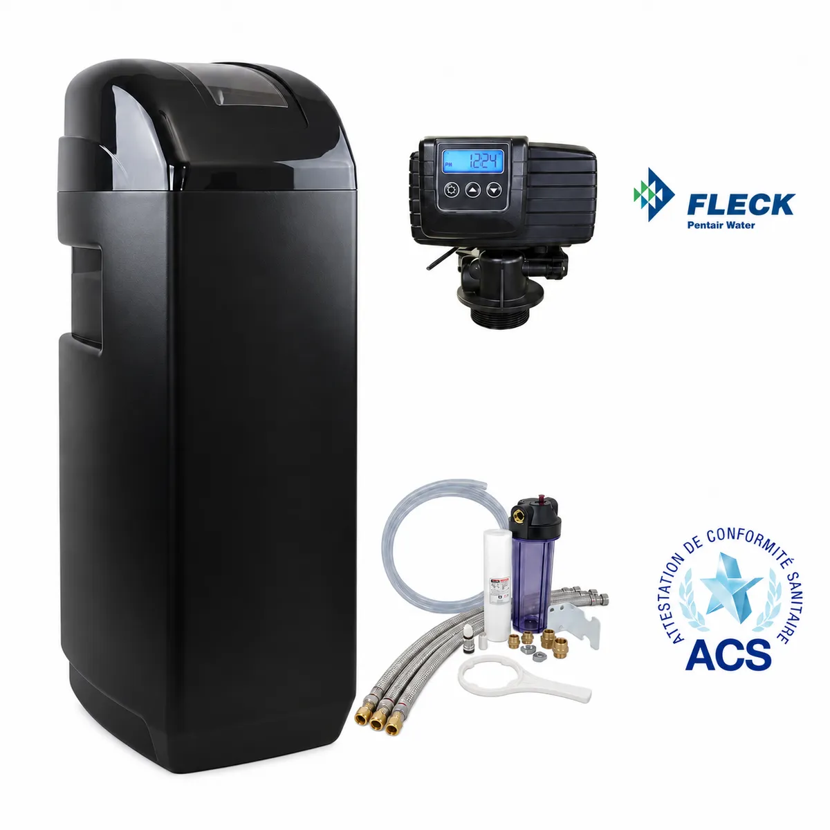 Adoucisseur Fleck 5600 SXT noir, coffret haut 18, 22 ou 30 L, avec kit d’installation.