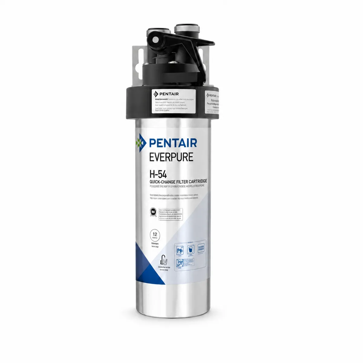 Cartouche Pentair Everpure H-54 montée sur une tête de filtration, sur fond blanc.