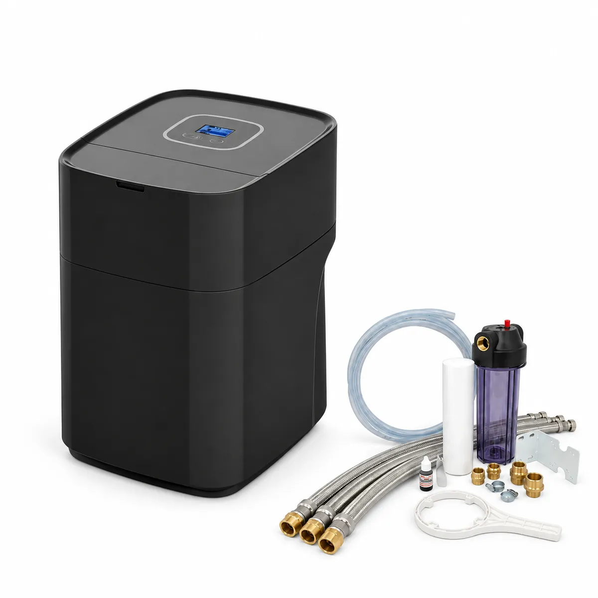 Adoucisseur d’eau ATENA 10 litres noir avec écran supérieur et kit d’installation.