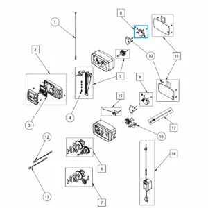 Vue éclatée des commandes Fleck avec le moteur de conduite 5600 SXT encadré en bleu au repère 8.