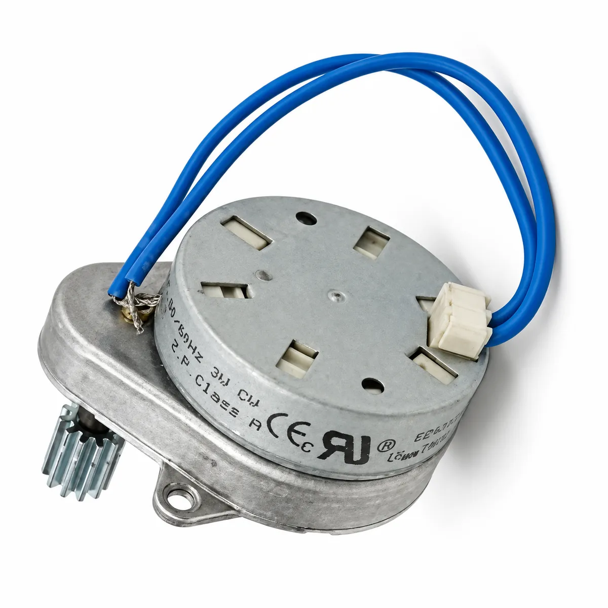 Moteur Fleck 5600 SXT avec pignon métallique, fils bleus et connecteur blanc sur fond blanc.