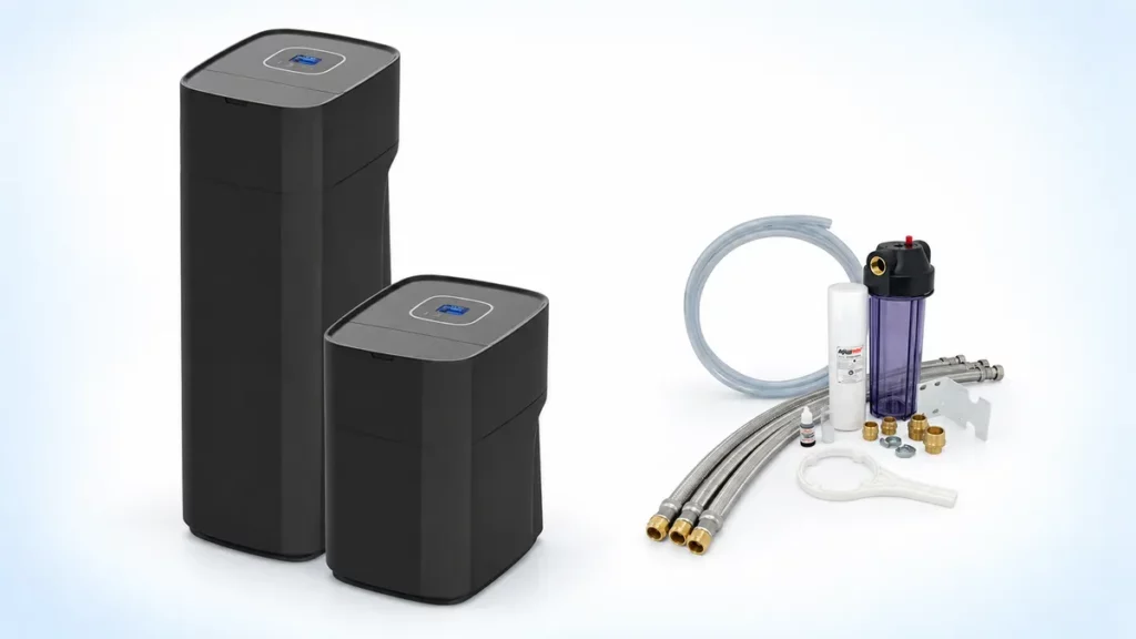 Adoucisseurs ATENA en deux formats avec préfiltre, flexibles et accessoires d’installation.