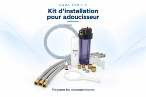 Kit pour adoucisseur avec porte-filtre, cartouche, trois flexibles, tube, raccords, clé et test de dureté.