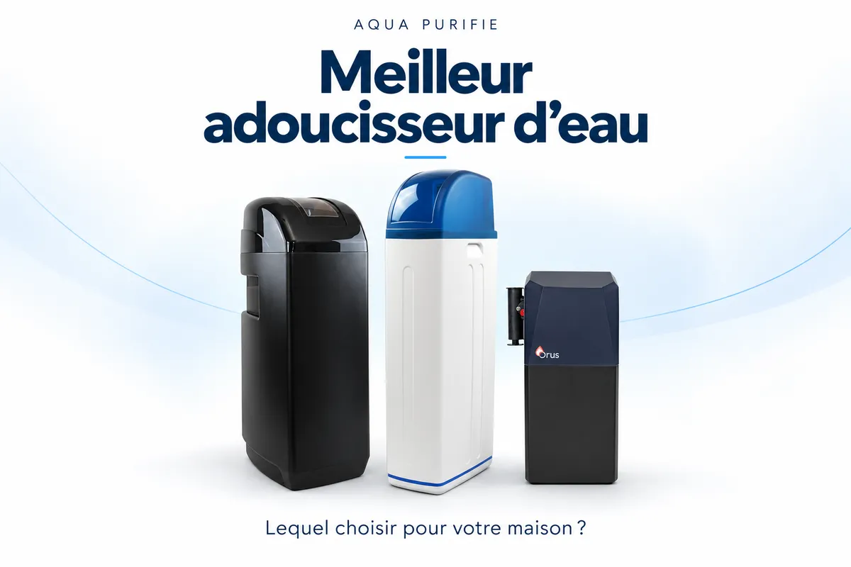 Adoucisseurs Fleck 5600 SXT noir, IDEAL blanc et bleu et ORUS 2 compact, présentés côte à côte.