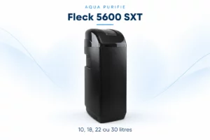 Adoucisseur Fleck 5600 SXT avec grand coffret Adriatica noir, vu de trois quarts.